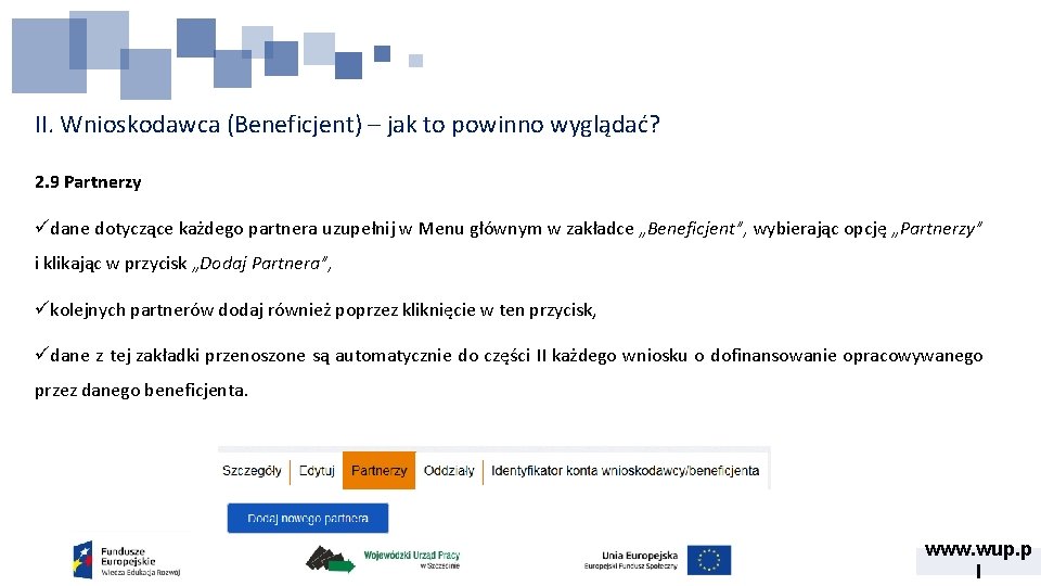 II. Wnioskodawca (Beneficjent) – jak to powinno wyglądać? 2. 9 Partnerzy üdane dotyczące każdego II. Wnioskodawca (Beneficjent) – jak to powinno wyglądać? 2. 9 Partnerzy üdane dotyczące każdego