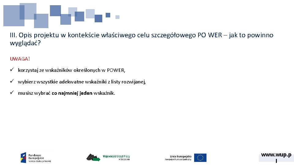 III. Opis projektu w kontekście właściwego celu szczegółowego PO WER – jak to powinno