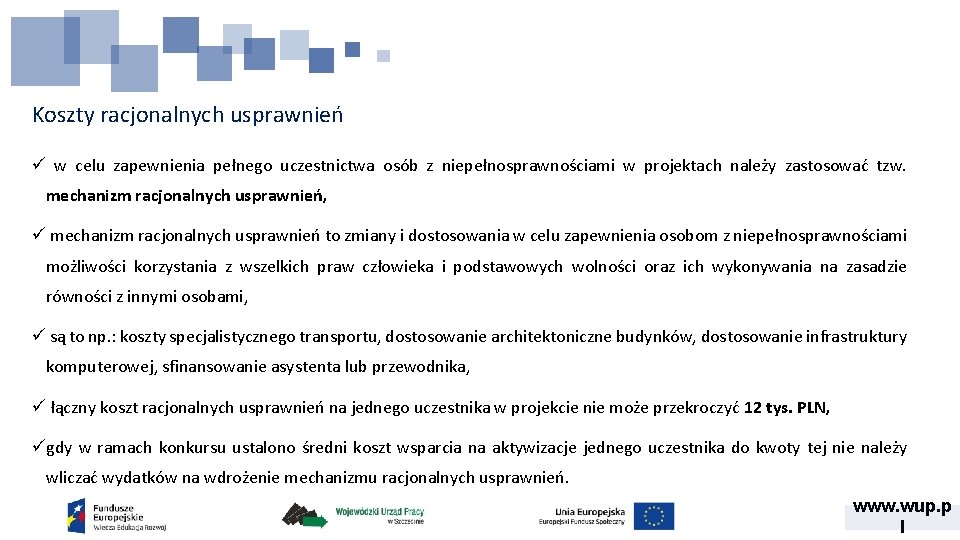 Koszty racjonalnych usprawnień ü w celu zapewnienia pełnego uczestnictwa osób z niepełnosprawnościami w projektach