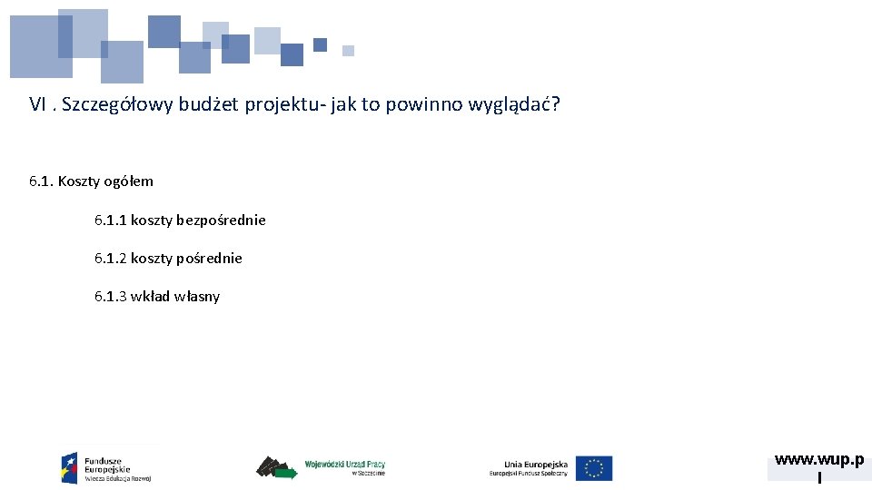 VI. Szczegółowy budżet projektu- jak to powinno wyglądać? 6. 1. Koszty ogółem 6. 1.