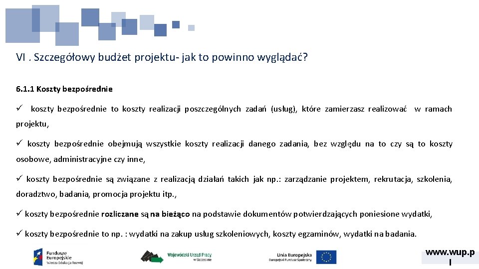 VI. Szczegółowy budżet projektu- jak to powinno wyglądać? 6. 1. 1 Koszty bezpośrednie ü