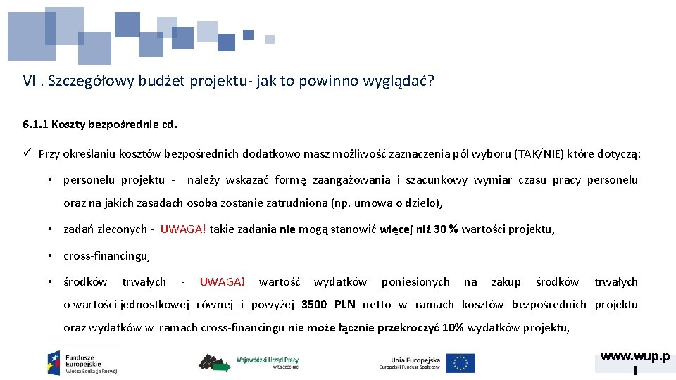 VI. Szczegółowy budżet projektu- jak to powinno wyglądać? 6. 1. 1 Koszty bezpośrednie cd.