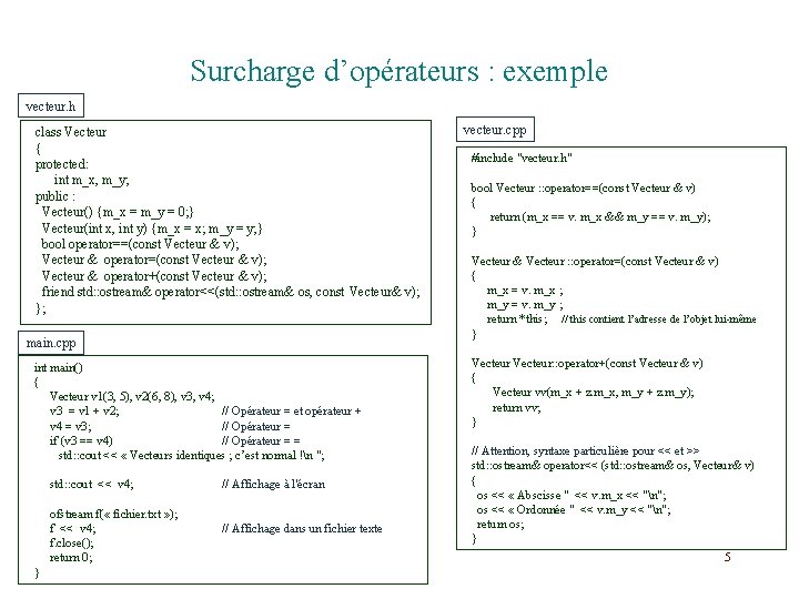 Surcharge d’opérateurs : exemple vecteur. h class Vecteur { protected: int m_x, m_y; public