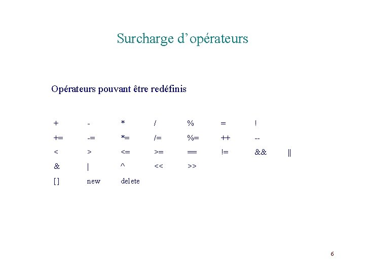 Surcharge d’opérateurs Opérateurs pouvant être redéfinis + - * / % = ! +=