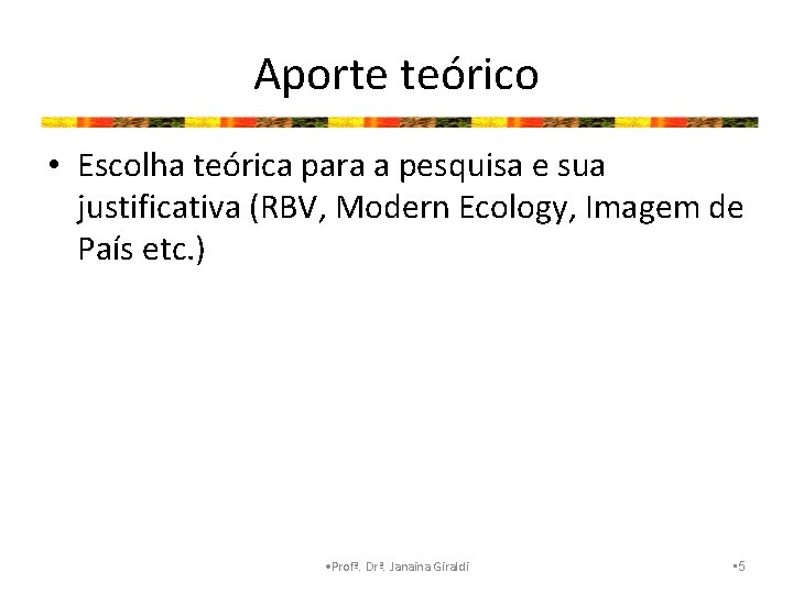 Aporte teórico • Escolha teórica para a pesquisa e sua justificativa (RBV, Modern Ecology,