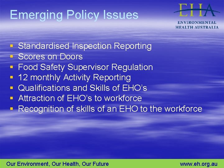 Emerging Policy Issues § § § § Standardised Inspection Reporting Scores on Doors Food