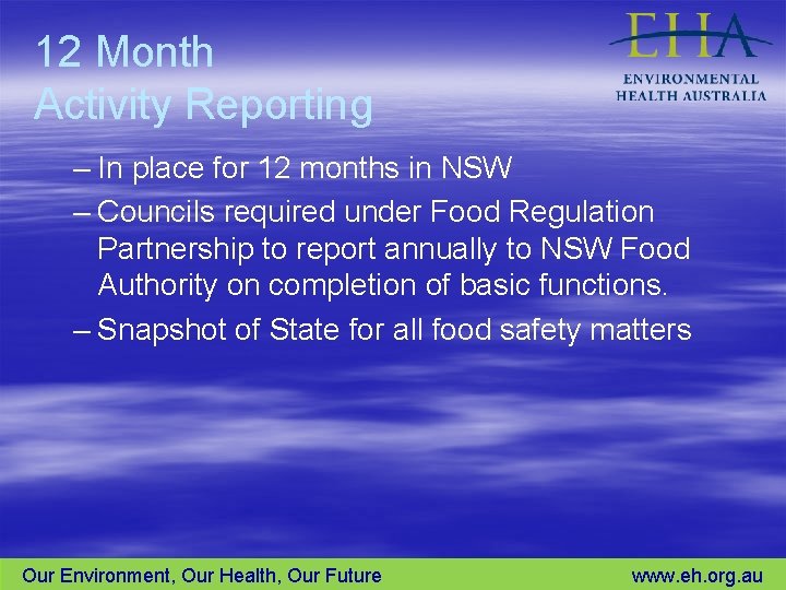 12 Month Activity Reporting – In place for 12 months in NSW – Councils