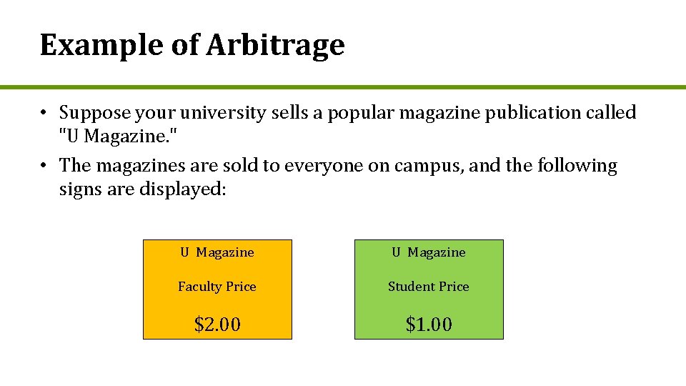 Example of Arbitrage • Suppose your university sells a popular magazine publication called "U