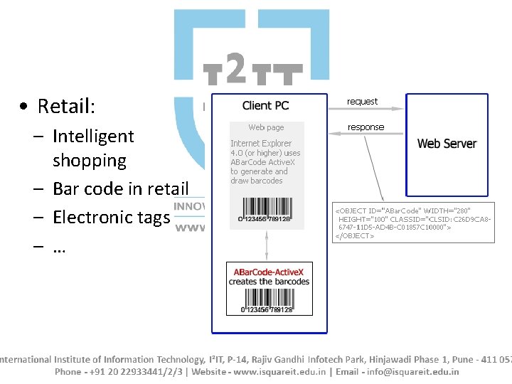  • Retail: – Intelligent shopping – Bar code in retail – Electronic tags