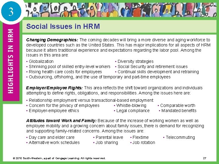 3 Social Issues in HRM Changing Demographics: The coming decades will bring a more