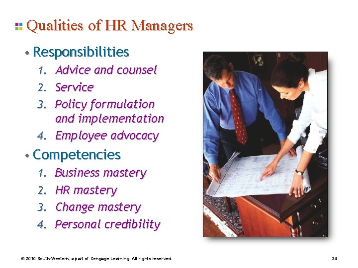 Qualities of HR Managers • Responsibilities 1. Advice and counsel 2. Service 3. Policy