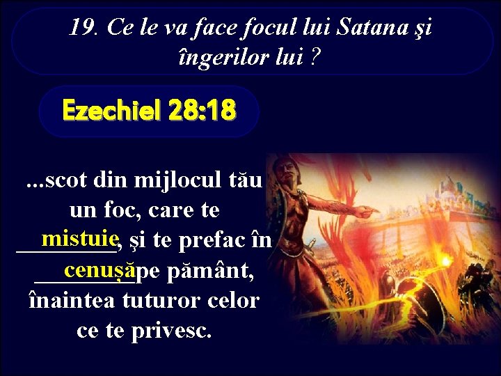 19. Ce le va face focul lui Satana şi îngerilor lui ? Ezechiel 28: