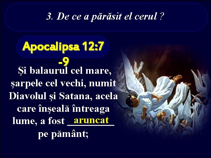 3. De ce a părăsit el cerul ? Apocalipsa 12: 7 -9 Şi balaurul