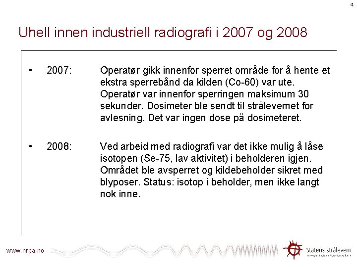4 Uhell innen industriell radiografi i 2007 og 2008 • 2007: Operatør gikk innenfor