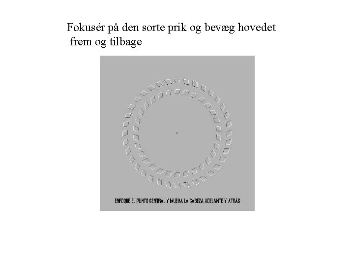 Fokusér på den sorte prik og bevæg hovedet frem og tilbage 