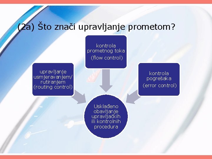 (2 a) Što znači upravljanje prometom? kontrola prometnog toka (flow control) upravljanje usmjeravanjem/ rutiranjem