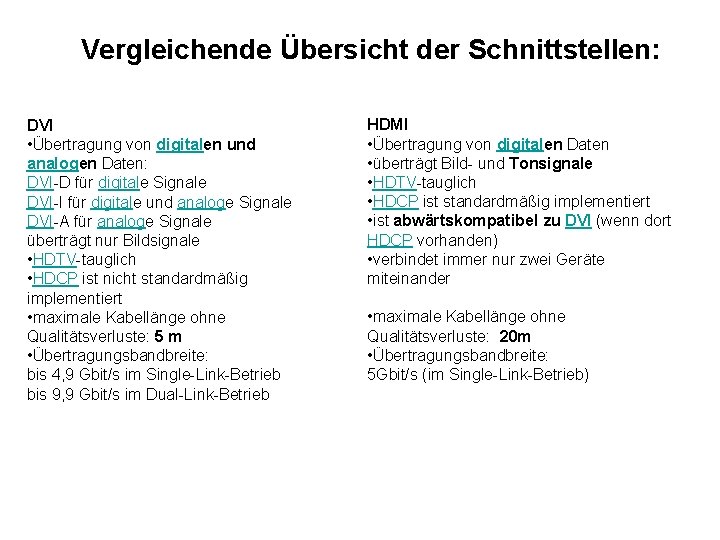 Vergleichende Übersicht der Schnittstellen: DVI • Übertragung von digitalen und analogen Daten: DVI-D für