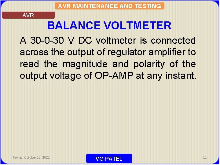 AVR MAINTENANCE AND TESTING AVR BALANCE VOLTMETER A 30 -0 -30 V DC voltmeter