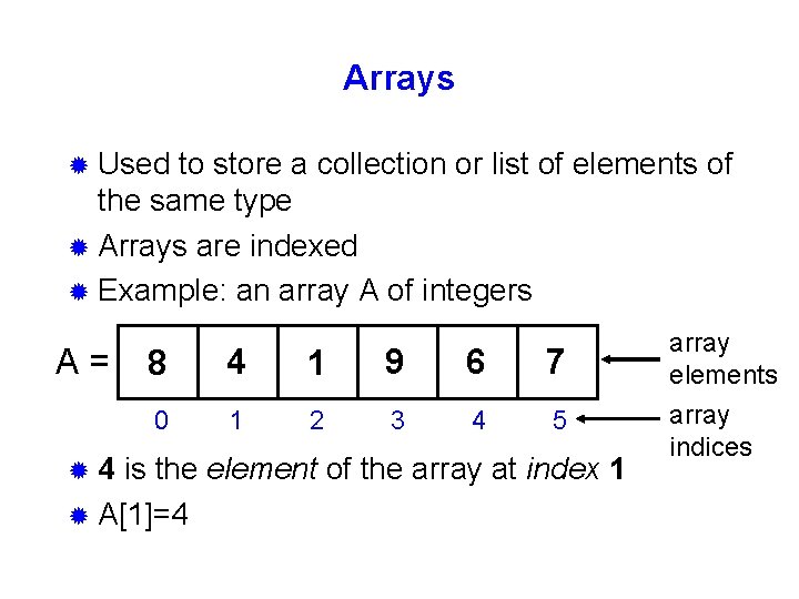 Arrays ® Used to store a collection or list of elements of the same