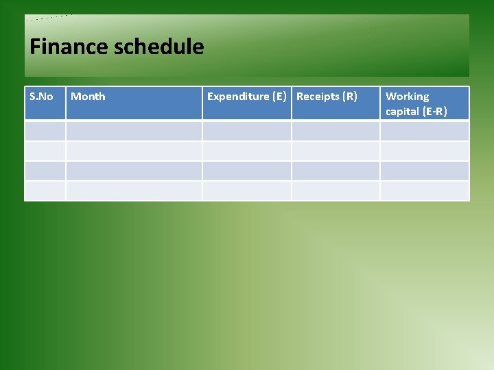 Finance schedule S. No Month Expenditure (E) Receipts (R) Working capital (E-R) 