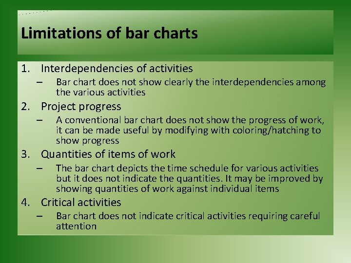 Limitations of bar charts 1. Interdependencies of activities – Bar chart does not show