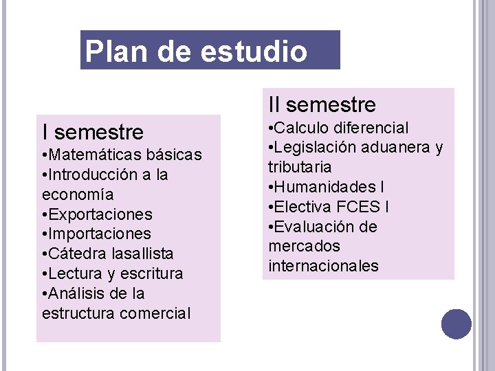 Plan de estudio II semestre • Matemáticas básicas • Introducción a la economía •