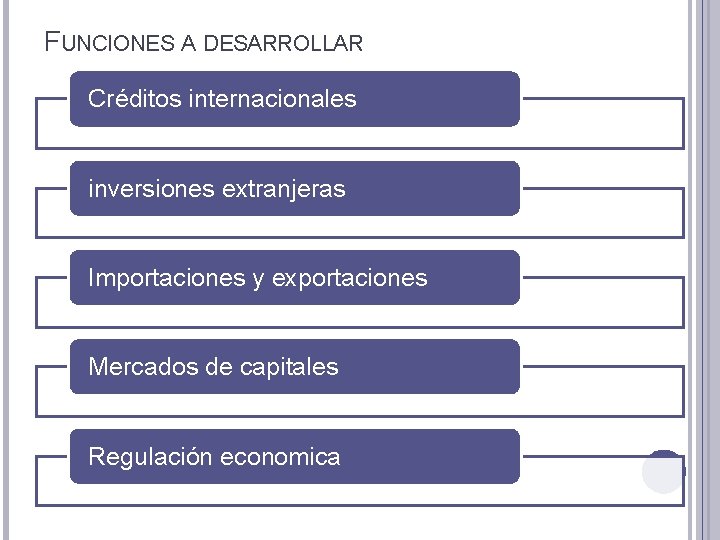 FUNCIONES A DESARROLLAR Créditos internacionales inversiones extranjeras Importaciones y exportaciones Mercados de capitales Regulación