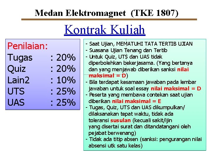 Medan Elektromagnet (TKE 1807) Kontrak Kuliah Penilaian: Tugas : Quiz : Lain 2 :
