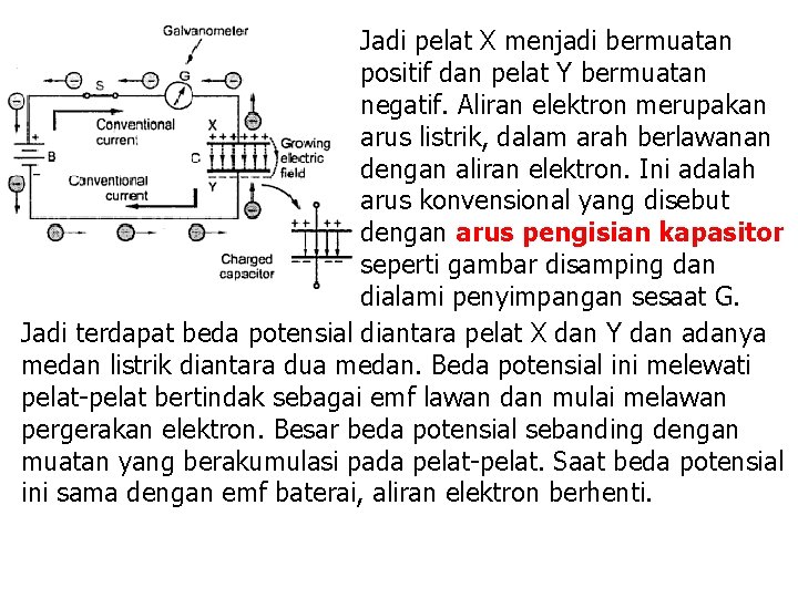 Jadi pelat X menjadi bermuatan positif dan pelat Y bermuatan negatif. Aliran elektron merupakan