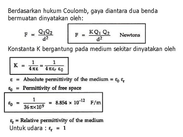 Berdasarkan hukum Coulomb, gaya diantara dua benda bermuatan dinyatakan oleh: Konstanta K bergantung pada