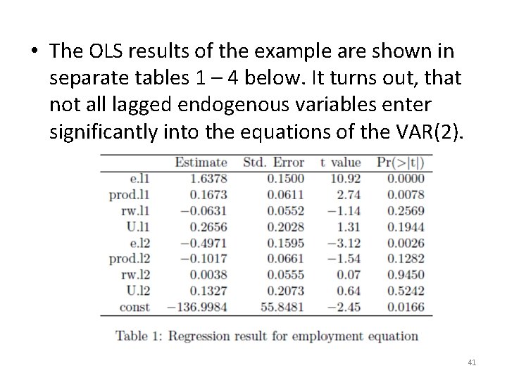  • The OLS results of the example are shown in separate tables 1