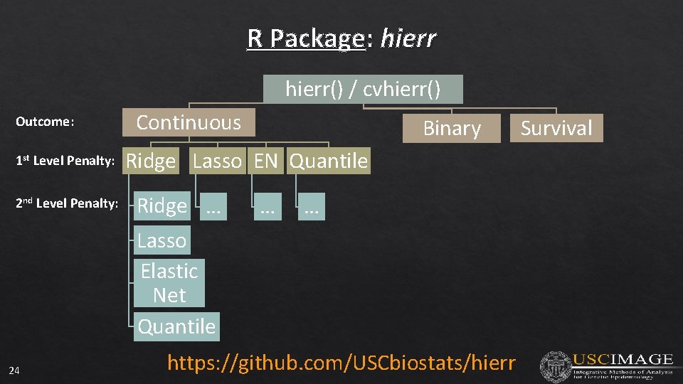 R Package: hierr() / cvhierr() Outcome: 1 st Level Penalty: 2 nd Level Penalty: