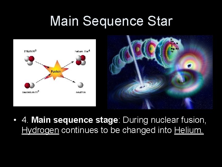 Main Sequence Star • 4. Main sequence stage: During nuclear fusion, Hydrogen continues to