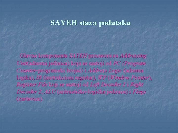 SAYEH staza podataka Glavne komponente SAYEH procesora su Addressing Unit(adresna jedinica) koja se sastoji