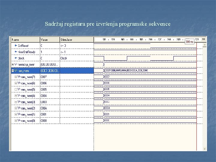 Sadržaj registara pre izvršenja programske sekvence 