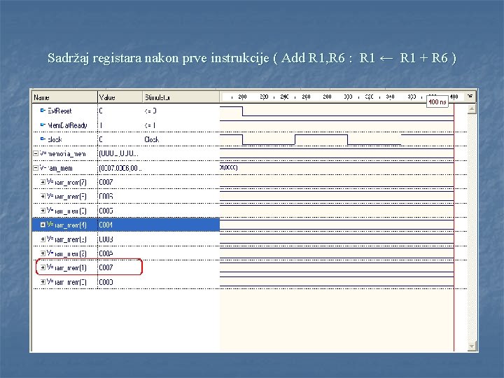 Sadržaj registara nakon prve instrukcije ( Add R 1, R 6 : R 1