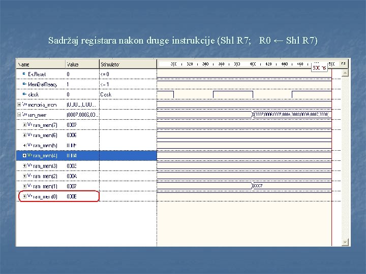 Sadržaj registara nakon druge instrukcije (Shl R 7; R 0 ← Shl R 7)