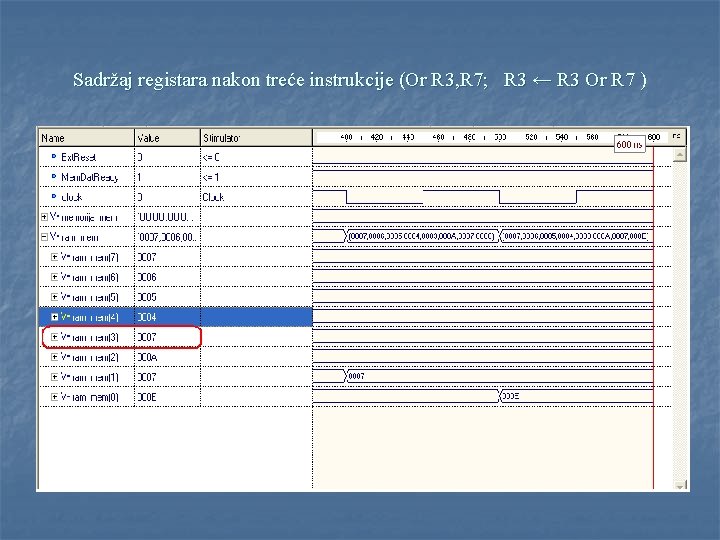 Sadržaj registara nakon treće instrukcije (Or R 3, R 7; R 3 ← R