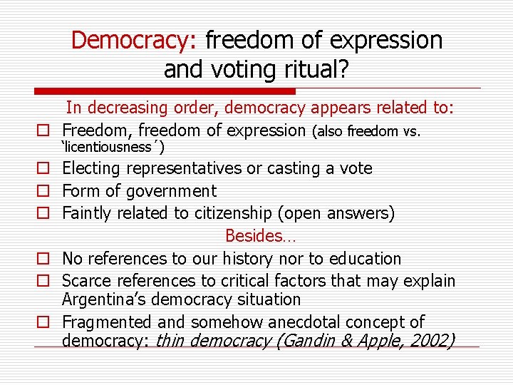 Democracy: freedom of expression and voting ritual? In decreasing order, democracy appears related to: