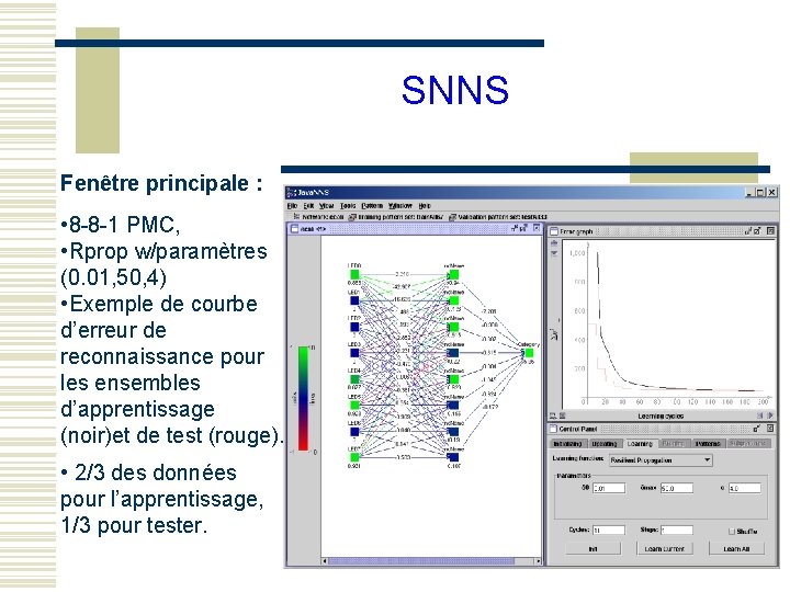 SNNS Fenêtre principale : • 8 -8 -1 PMC, • Rprop w/paramètres (0. 01,