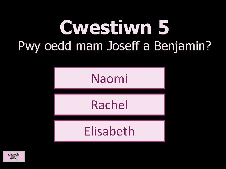 Cwestiwn 5 Pwy oedd mam Joseff a Benjamin? Naomi Rachel Elisabeth Cliciwch i orffen