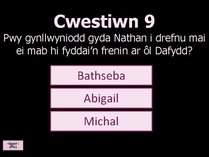 Cwestiwn 9 Pwy gynllwyniodd gyda Nathan i drefnu mai ei mab hi fyddai’n frenin