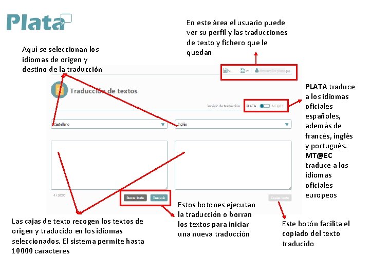 Aquí se seleccionan los idiomas de origen y destino de la traducción Las cajas