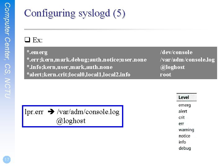 Computer Center, CS, NCTU Configuring syslogd (5) q Ex: *. emerg *. err; kern,