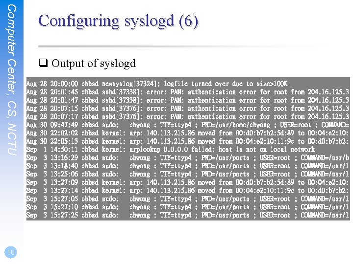 Computer Center, CS, NCTU 18 Configuring syslogd (6) q Output of syslogd Aug Aug