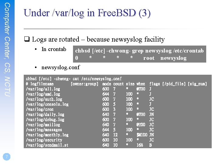 Computer Center, CS, NCTU 7 Under /var/log in Free. BSD (3) q Logs are