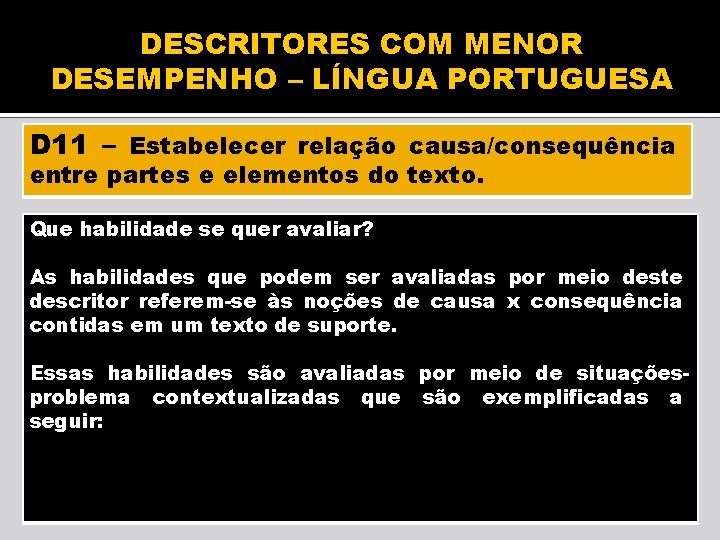 DESCRITORES COM MENOR DESEMPENHO – LÍNGUA PORTUGUESA D 11 – Estabelecer relação causa/consequência entre