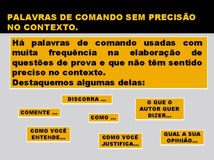 PALAVRAS DE COMANDO SEM PRECISÃO NO CONTEXTO. Há palavras de comando usadas com muita