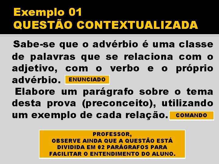 Exemplo 01 QUESTÃO CONTEXTUALIZADA Sabe-se que o advérbio é uma classe de palavras que