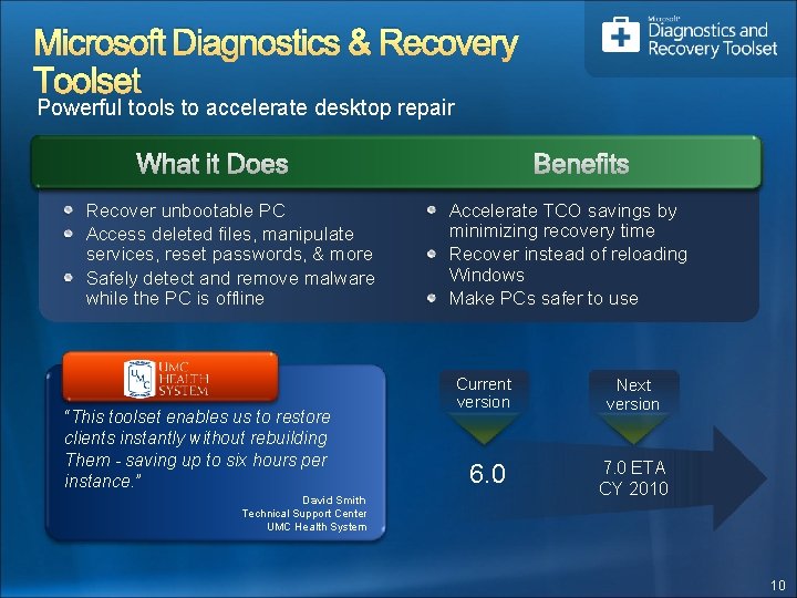 Microsoft Diagnostics & Recovery Toolset Powerful tools to accelerate desktop repair Recover unbootable PC